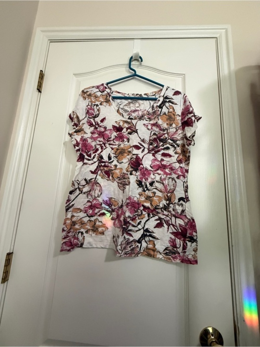 Style & Co Floral Short Sleeve Tee - White with Pink & Tan Flowers